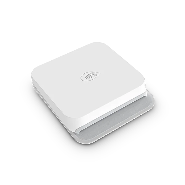 The Stripe Reader M2: a small white square card reader with a contactless symbol on top and a chip slot at the front.
