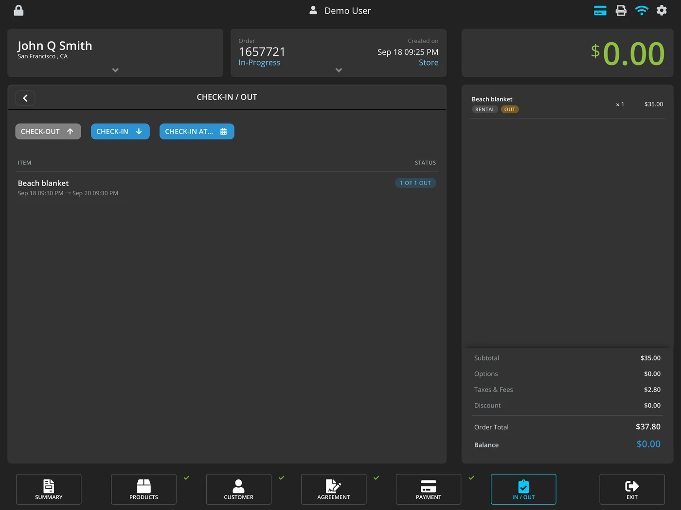 Check-in and check-out in OAK POS on iPad, with an item's out and due-back window.