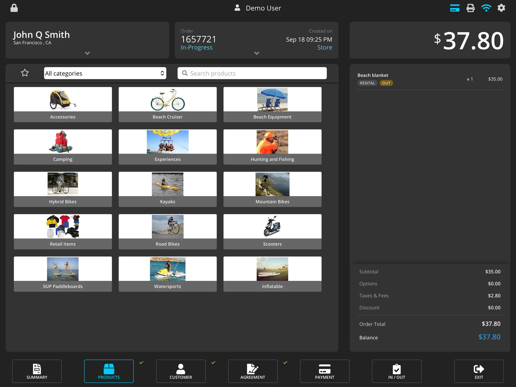 The OAK POS catalogue on iPad showing rental categories, experiences and retail items side by side.