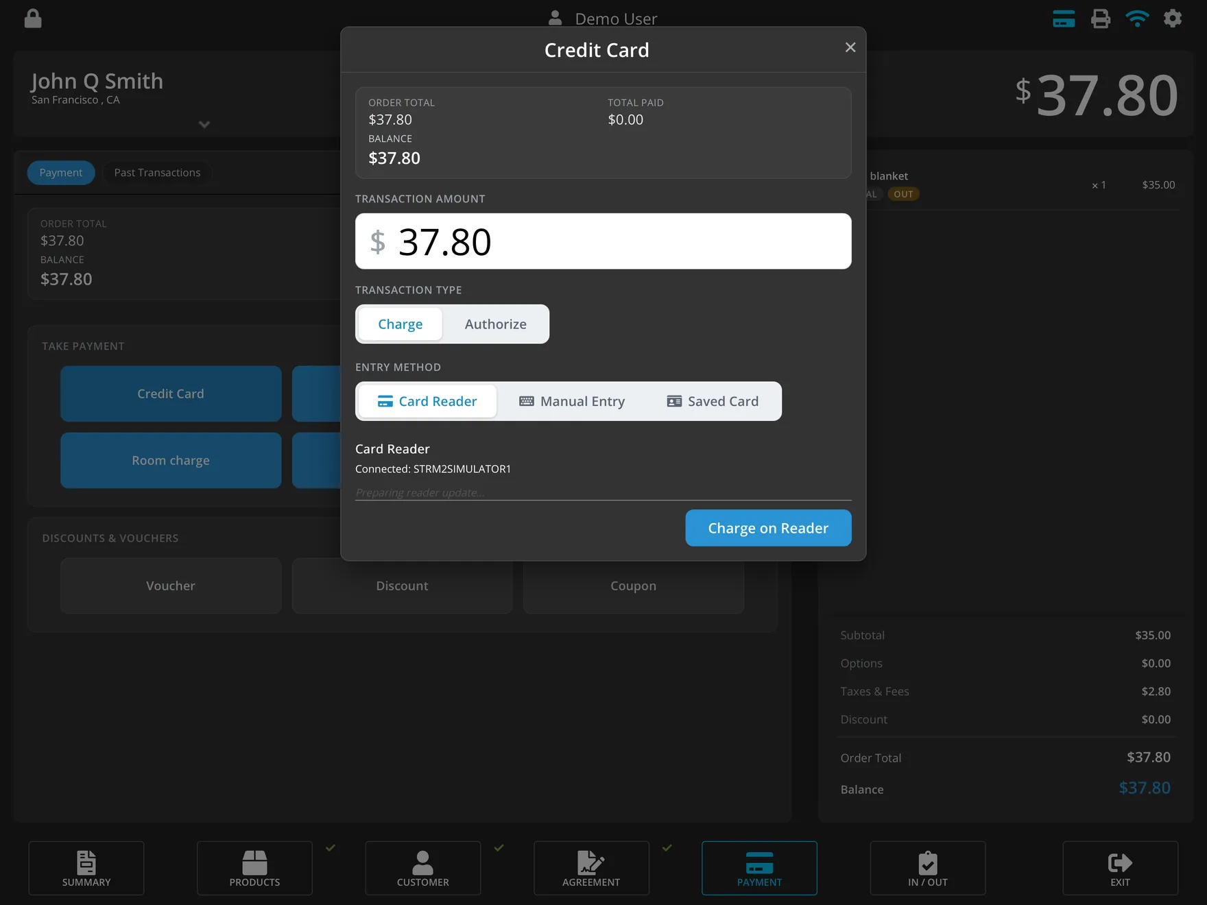 The OAK POS card payment screen on iPad: the transaction amount, a choice of Charge or Authorize, and Card Reader, Manual Entry or Saved Card as the entry method.