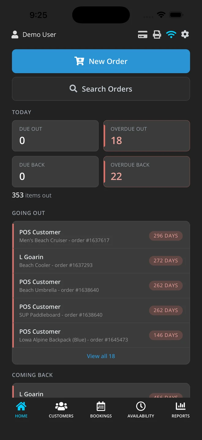 The OAK POS home screen on iPhone showing items due out, overdue, and gear going out.