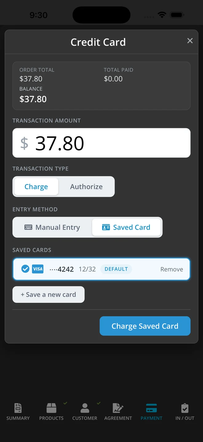 Charging a customer's saved card in OAK POS on iPhone.